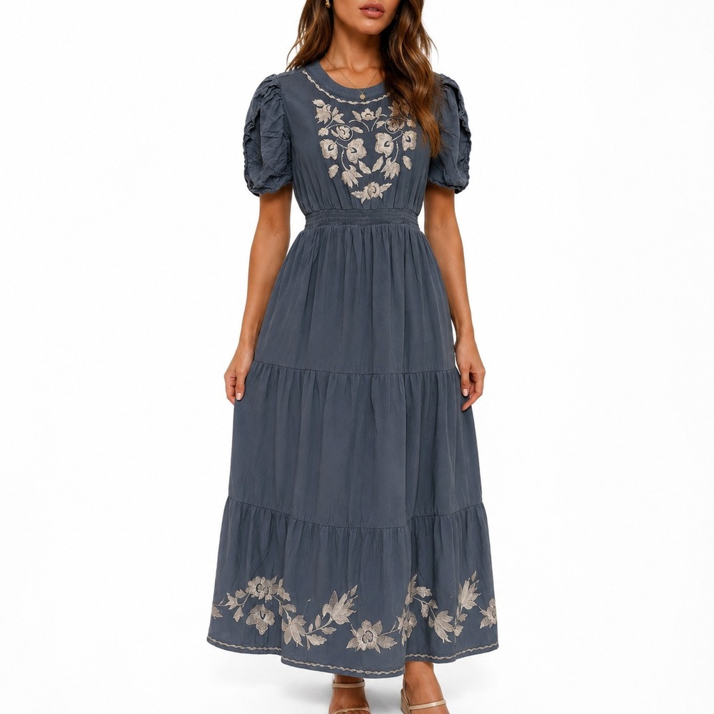 Polagram Pullover Maxi Dress Womens Large Dusty Blue Floral Embroidery Crew Neck